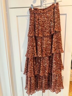 ANTONIO MELANI Rust Floral Tiered Pleated Maxi Skirt